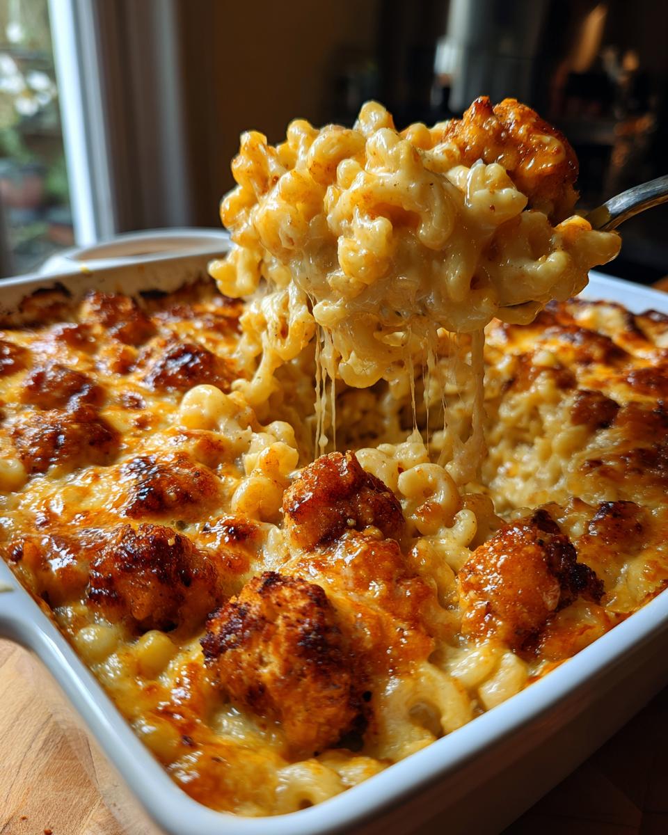 A spoonful of creamy hot honey chicken mac and cheese, showing gooey cheese and crispy chicken pieces.