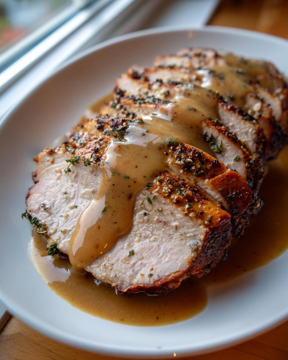 Close-up of moist, sliced instant pot turkey breast seasoned with herbs and covered in rich brown gravy.