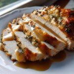 Slices of juicy instant pot turkey breast drizzled with savory gravy and fresh thyme.