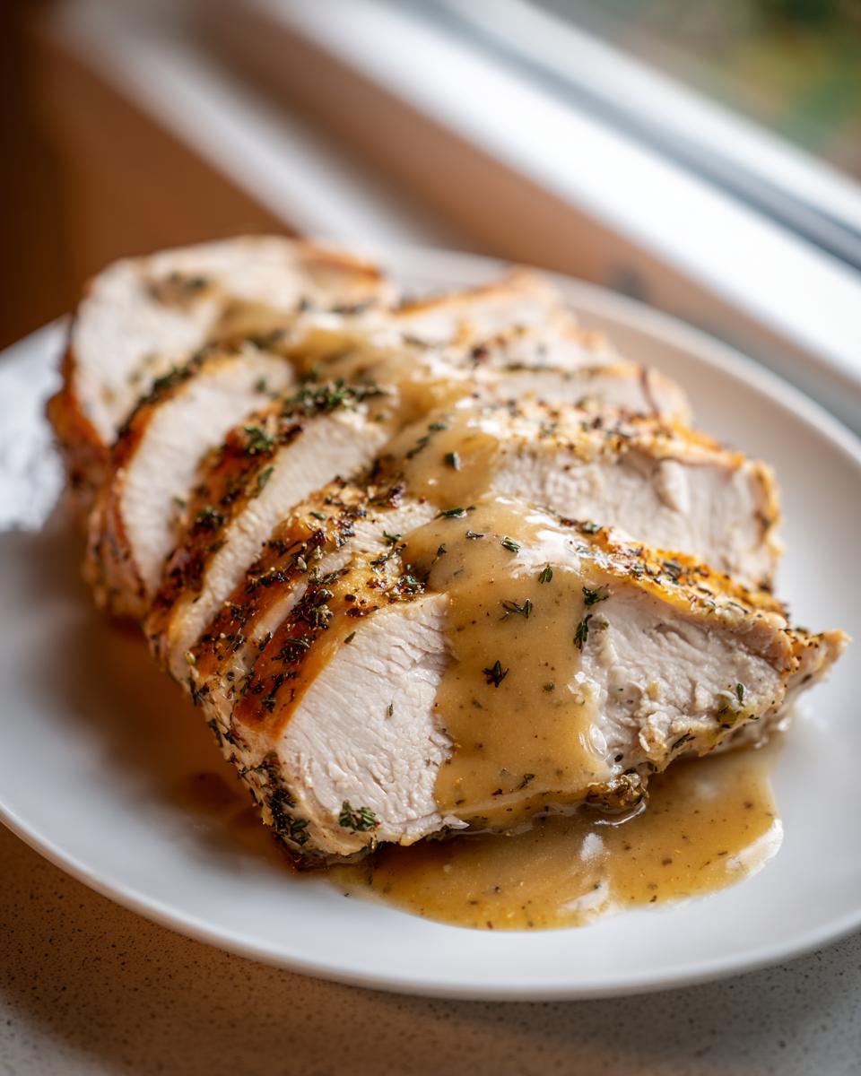 Close-up of moist, sliced instant pot turkey breast seasoned with herbs and topped with savory gravy.