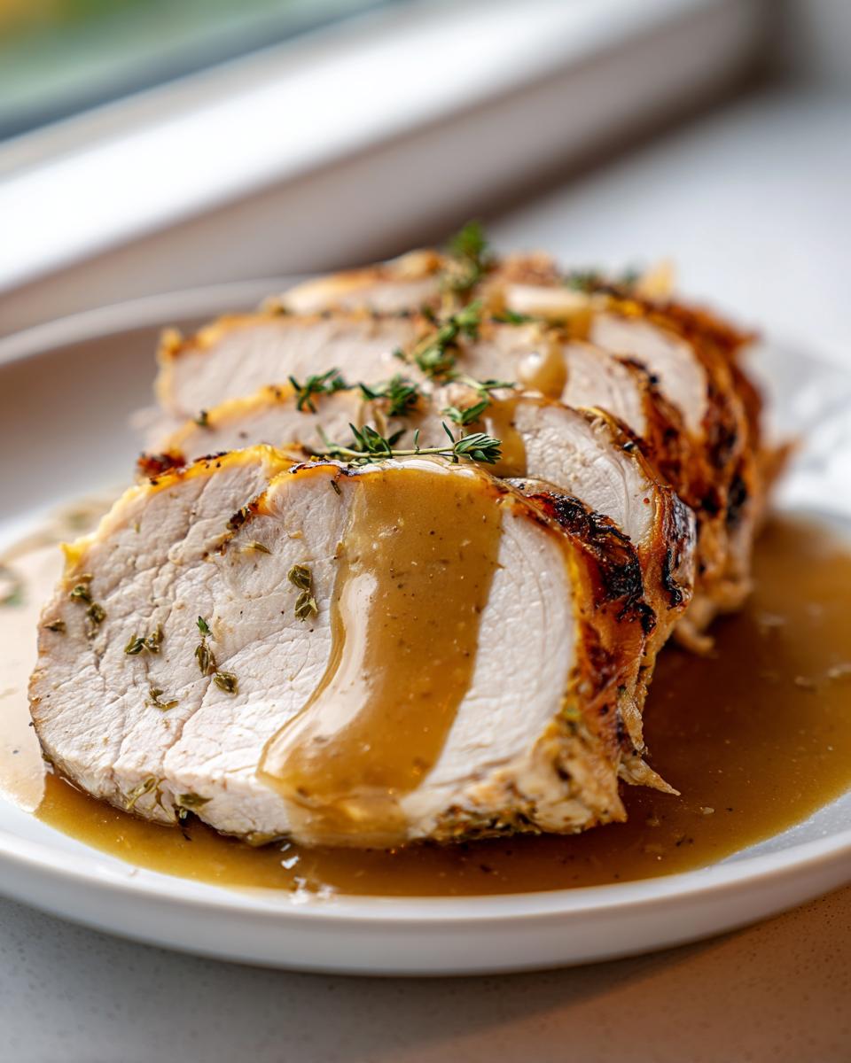 Slices of juicy instant pot turkey breast covered in brown gravy and garnished with fresh thyme.