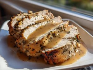 Three thick slices of juicy instant pot turkey breast, seasoned with herbs and covered in savory brown gravy.
