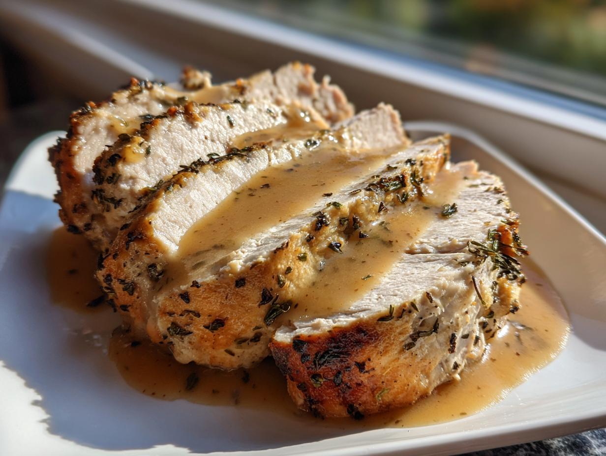 Three thick slices of juicy instant pot turkey breast, seasoned with herbs and covered in savory brown gravy.