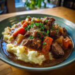 A close-up of a bowl of rich Irish stew with tender beef, carrots, and potatoes, served over creamy mashed potatoes and garnished with parsley.