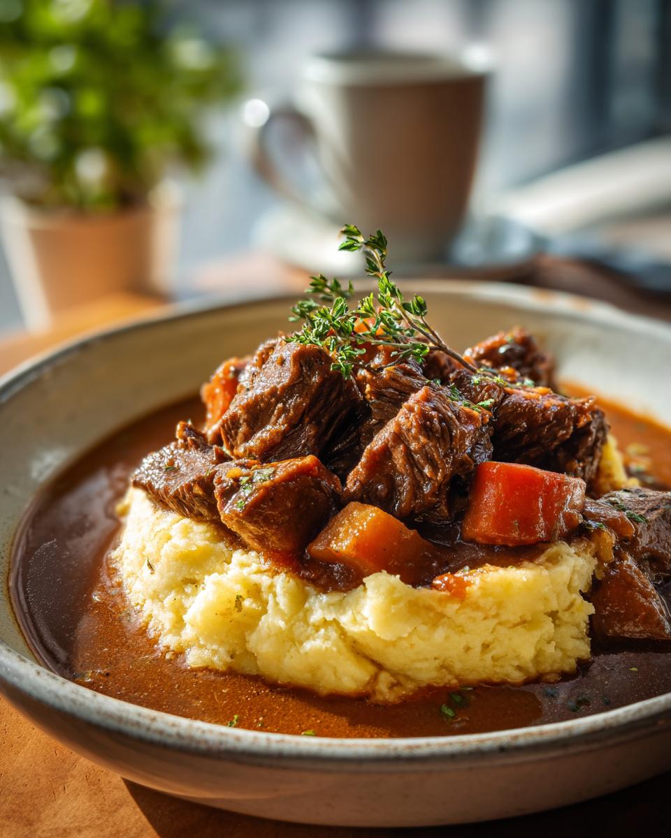 A comforting bowl of Irish stew with tender beef chunks and carrots served over creamy mashed potatoes, garnished with thyme.