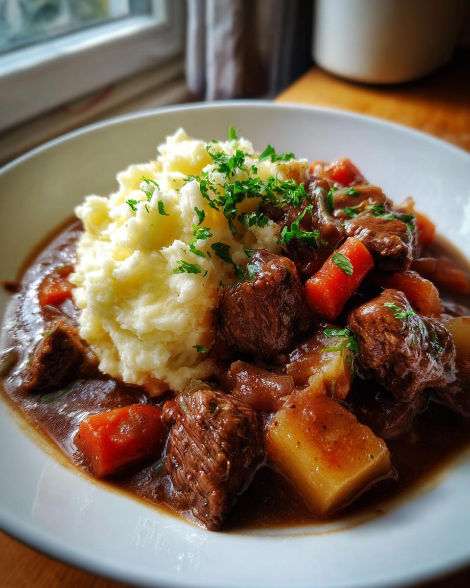 A close-up of a bowl of Irish stew with tender beef chunks, carrots, potatoes, and a generous serving of mashed potatoes topped with parsley.