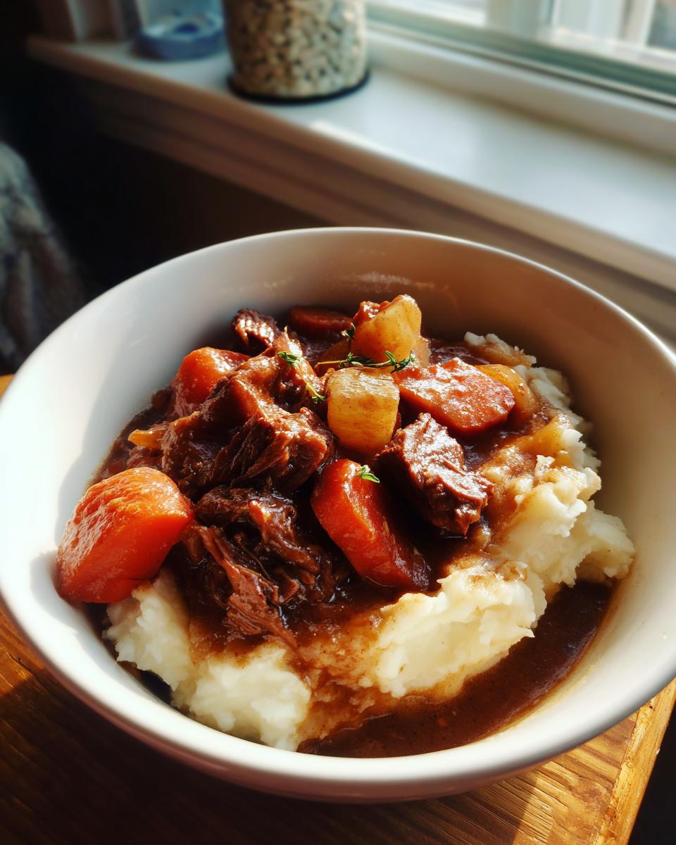 A comforting bowl of Irish stew with tender beef, carrots, and potatoes served over creamy mashed potatoes.