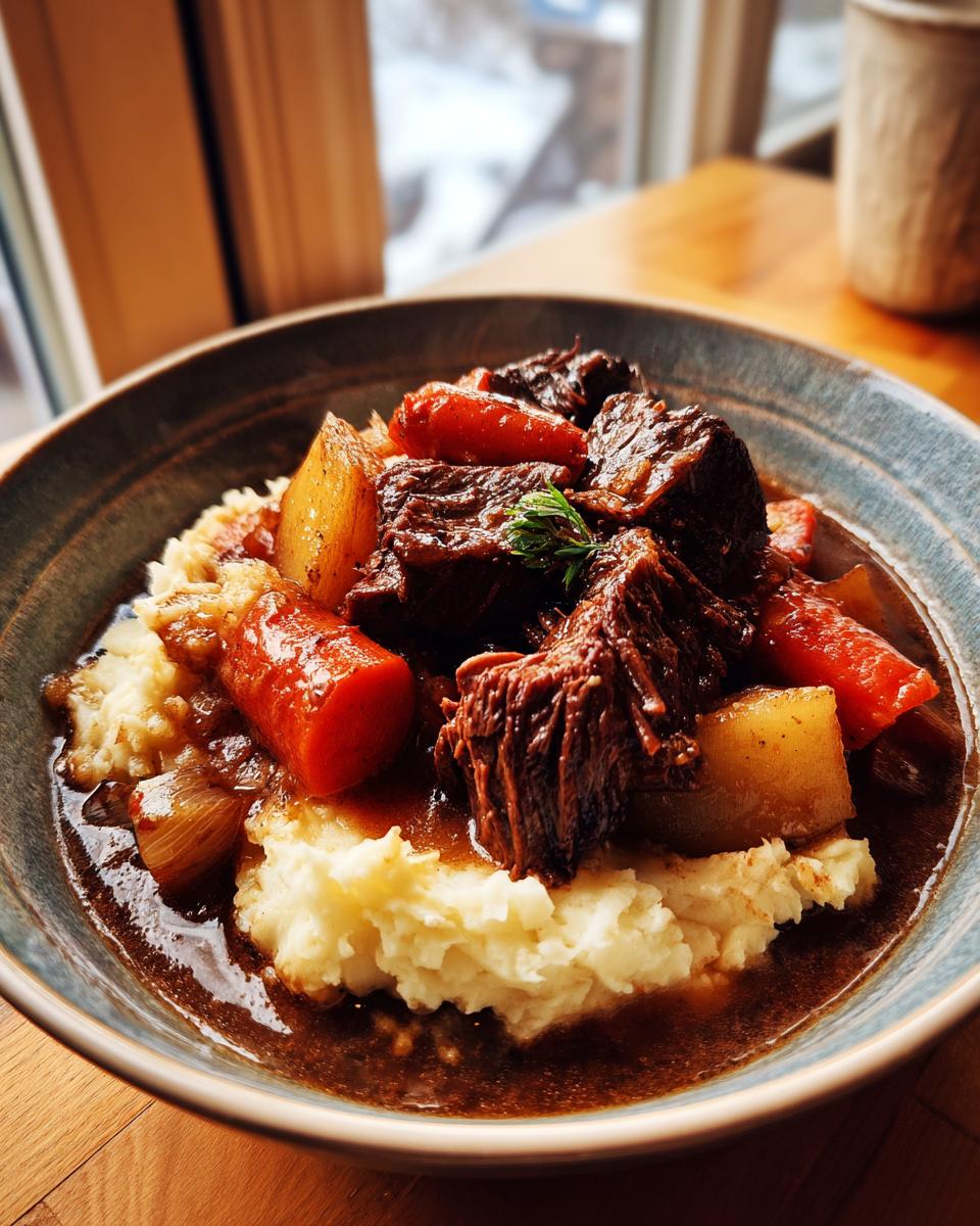 A close-up of a bowl of Irish stew with tender beef, carrots, and potatoes served over creamy mashed potatoes.