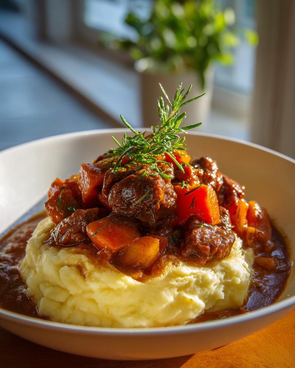 A generous serving of rich Irish stew with tender beef and vegetables piled high on creamy mashed potatoes, garnished with rosemary.