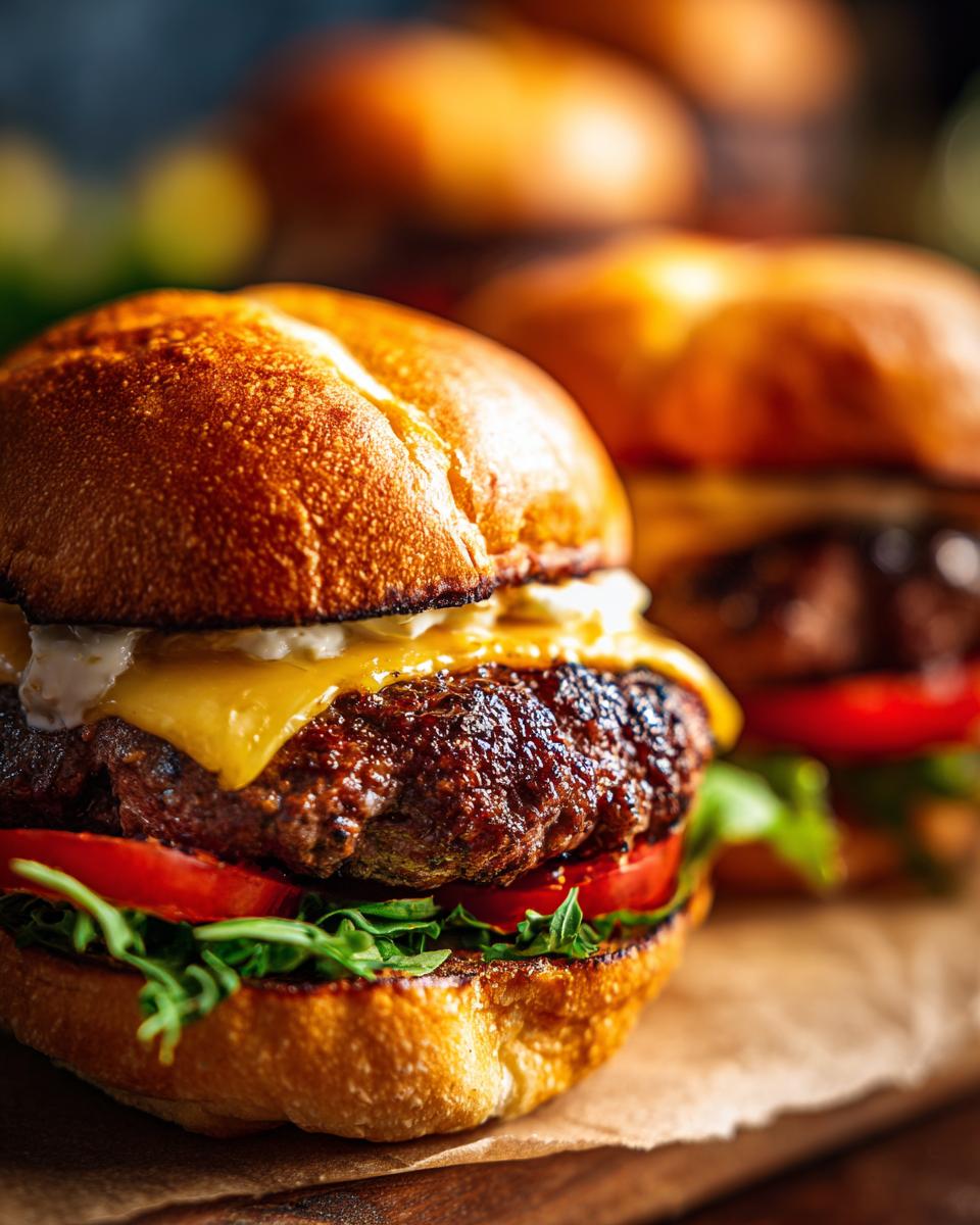 Close-up of a perfect juicy burger with melted cheese, fresh tomatoes, and greens.