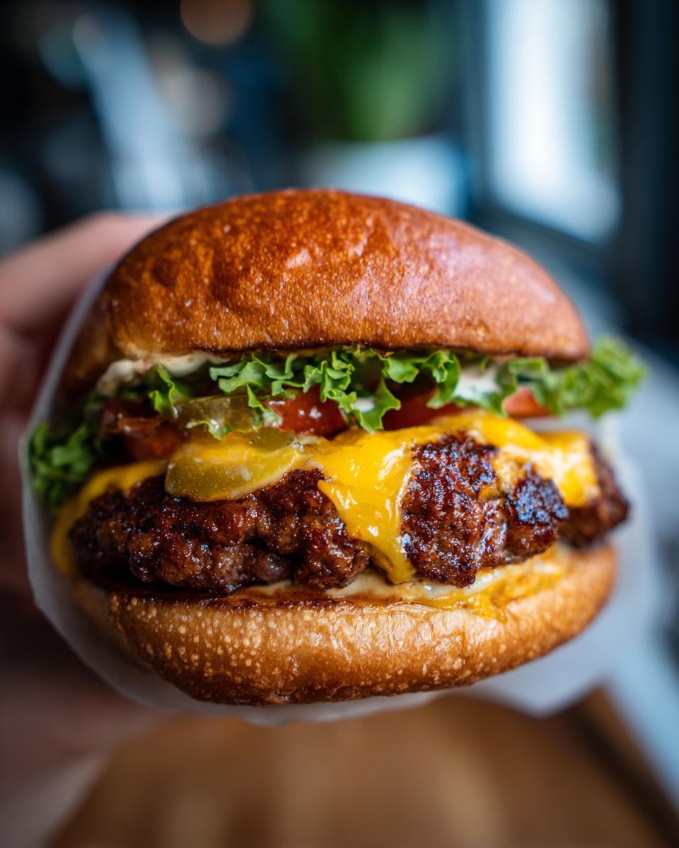 A close-up of a perfectly juicy burger with melted cheddar cheese, fresh lettuce, tomato, and pickles.