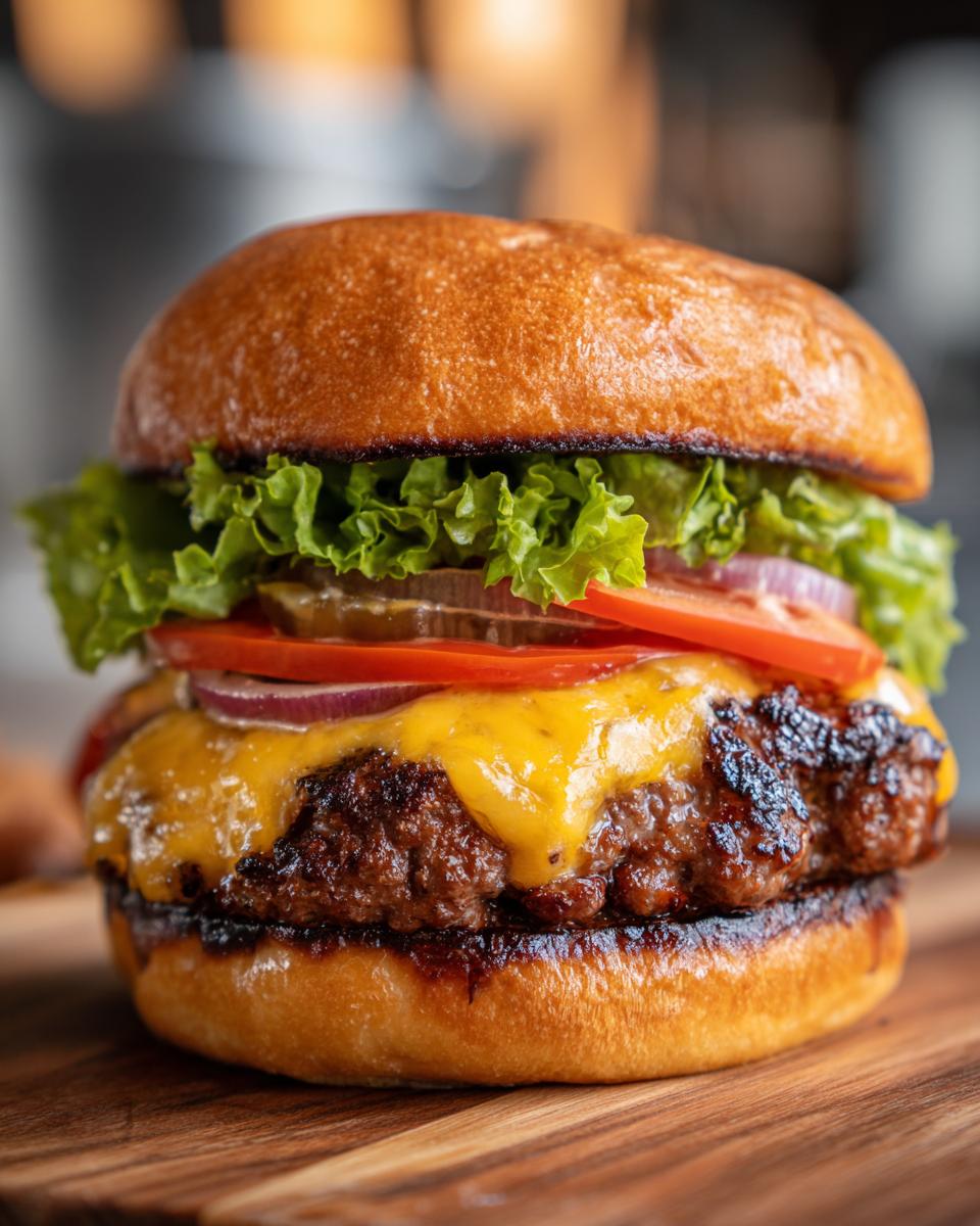 A close-up of a perfectly juicy burger with melted cheddar cheese, fresh lettuce, tomato, onion, and pickles on a toasted bun.