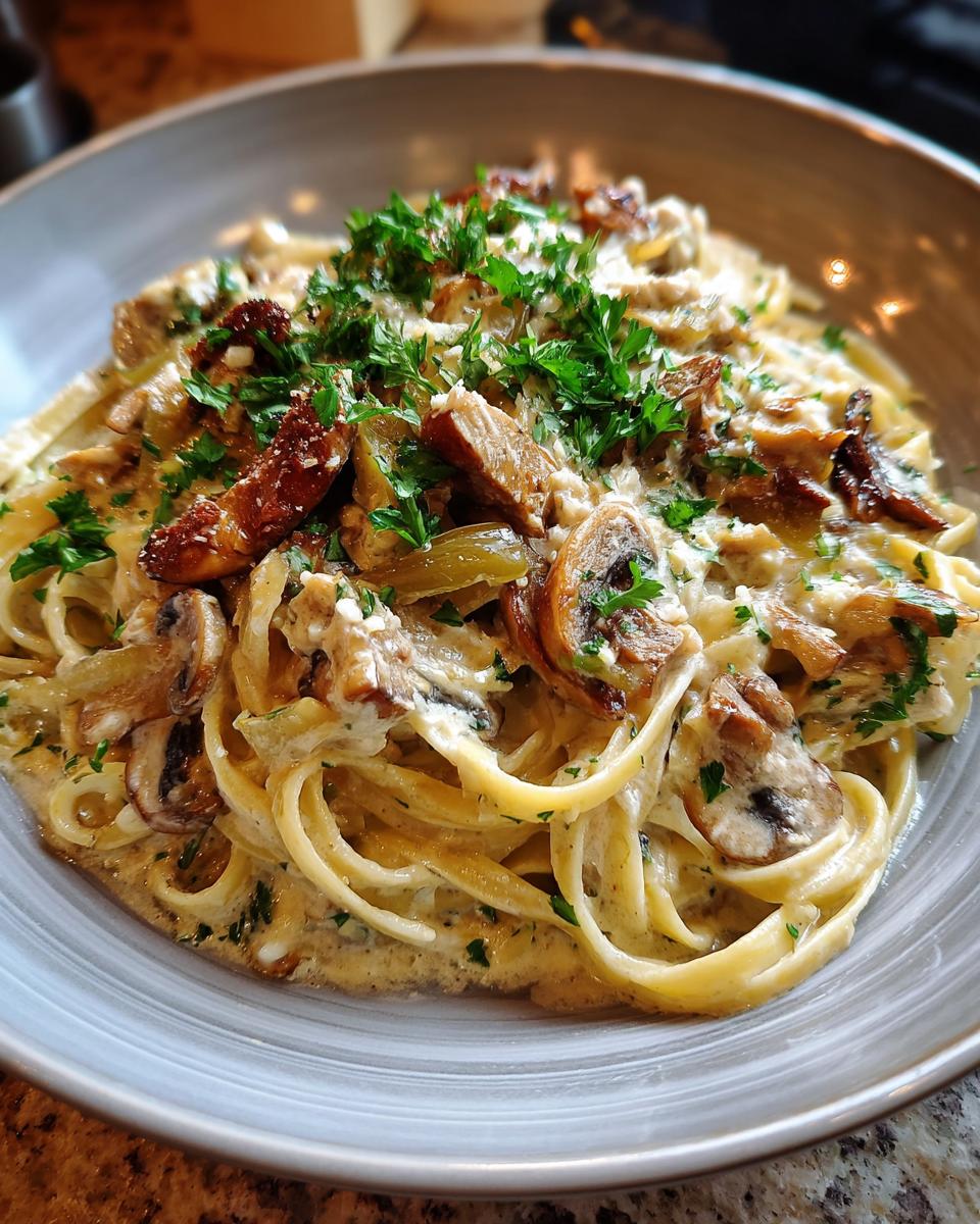 A close-up of creamy leek and mushroom gruyere pasta, garnished with fresh parsley.