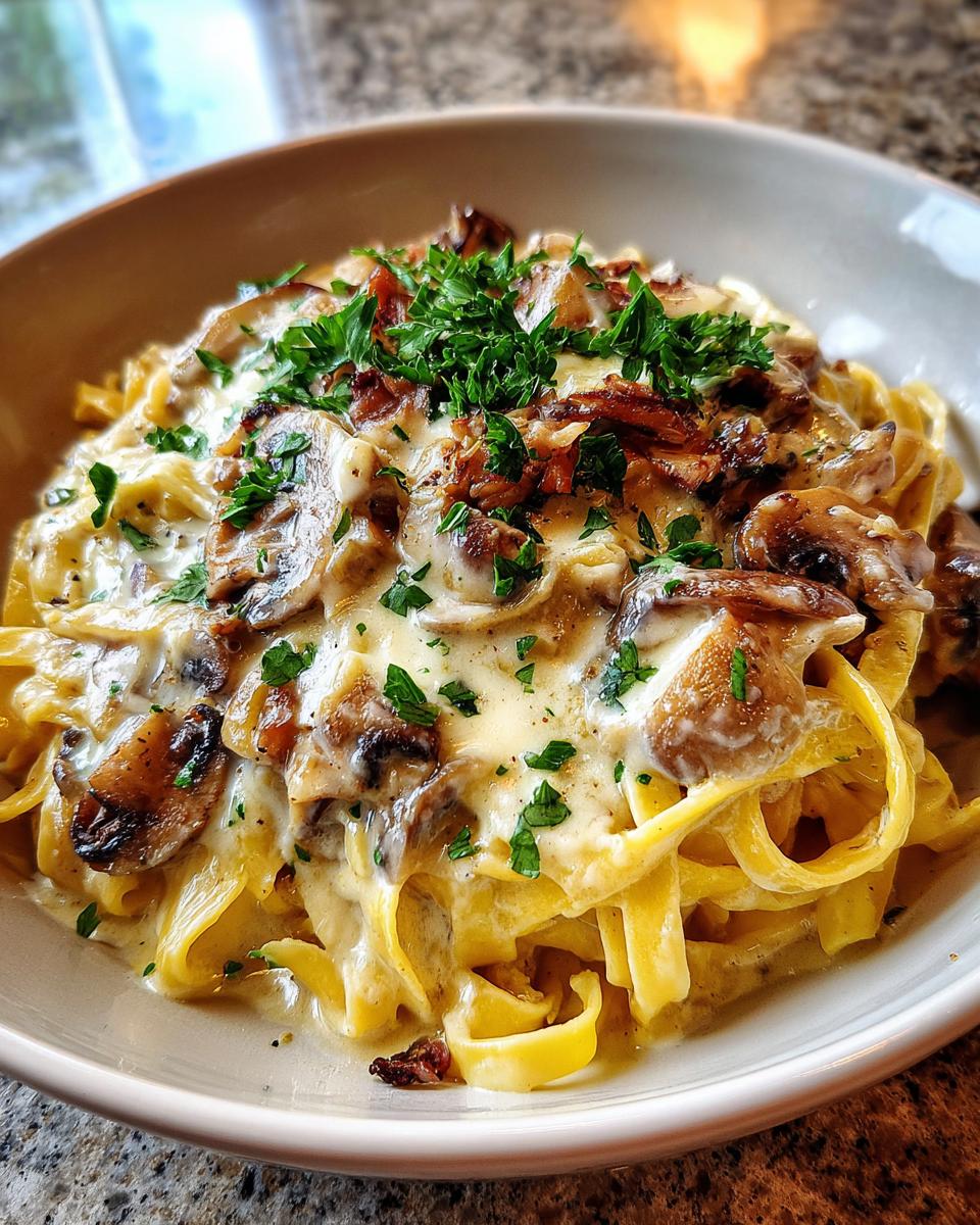 A close-up of Leek and Mushroom Gruyere Pasta, topped with fresh parsley and crispy bacon bits.