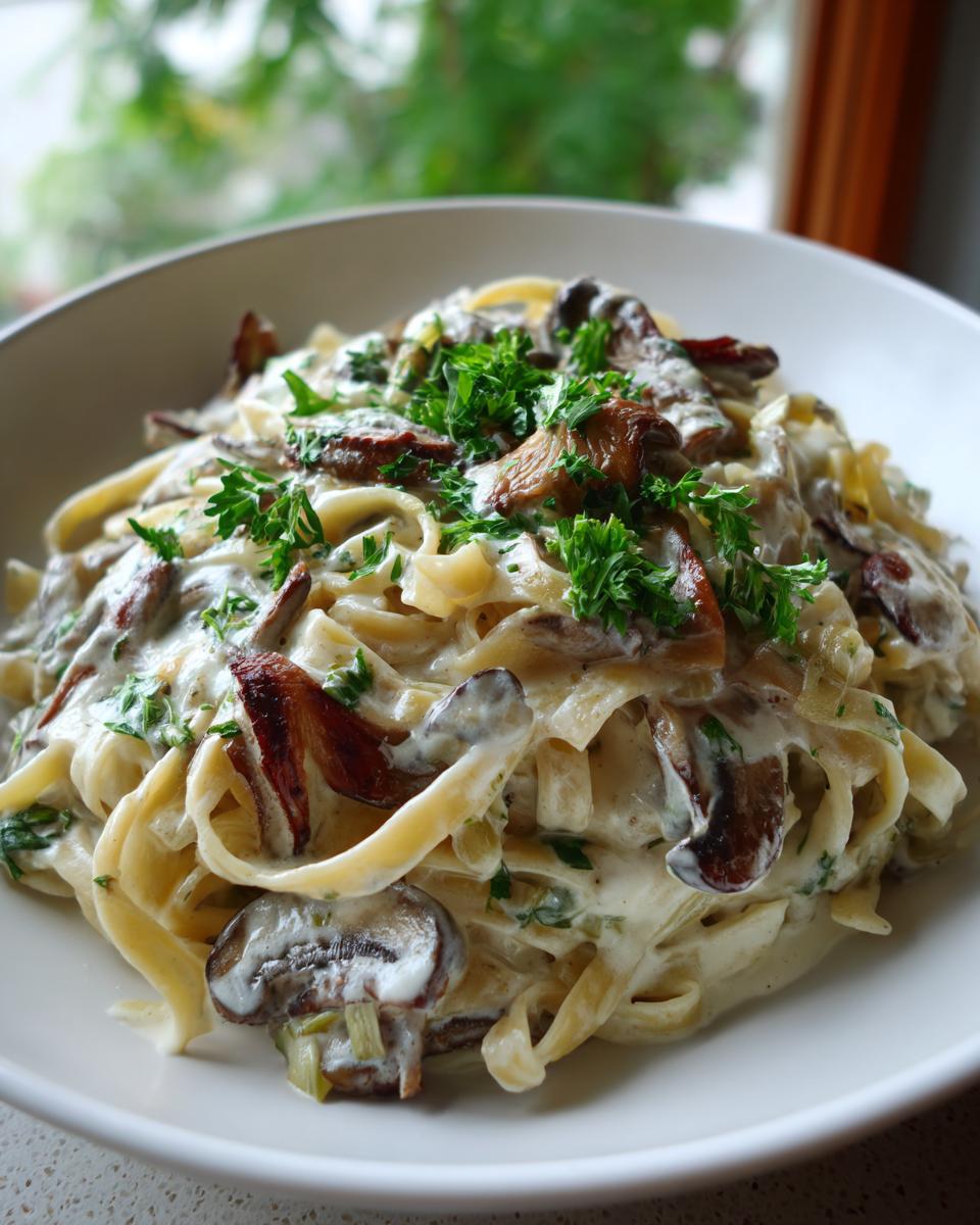 A close-up of creamy Leek and Mushroom Gruyere Pasta, garnished with fresh parsley.