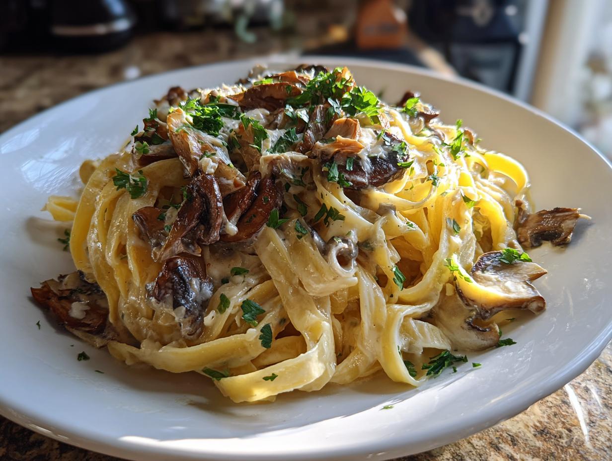 A close-up of creamy Leek and Mushroom Gruyere Pasta, garnished with fresh parsley.