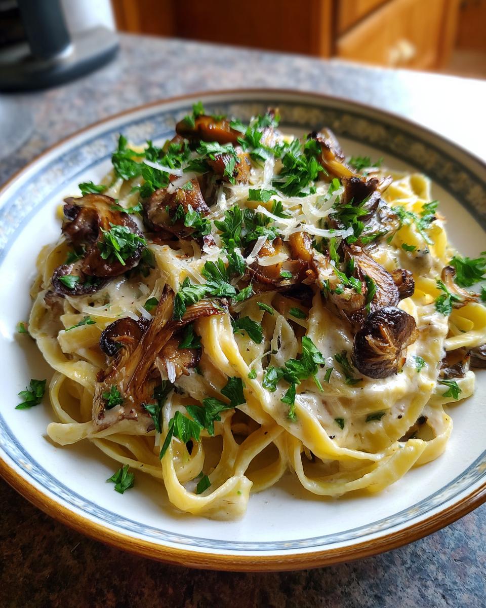A close-up of Leek and Mushroom Gruyere Pasta, topped with fresh parsley and grated cheese.