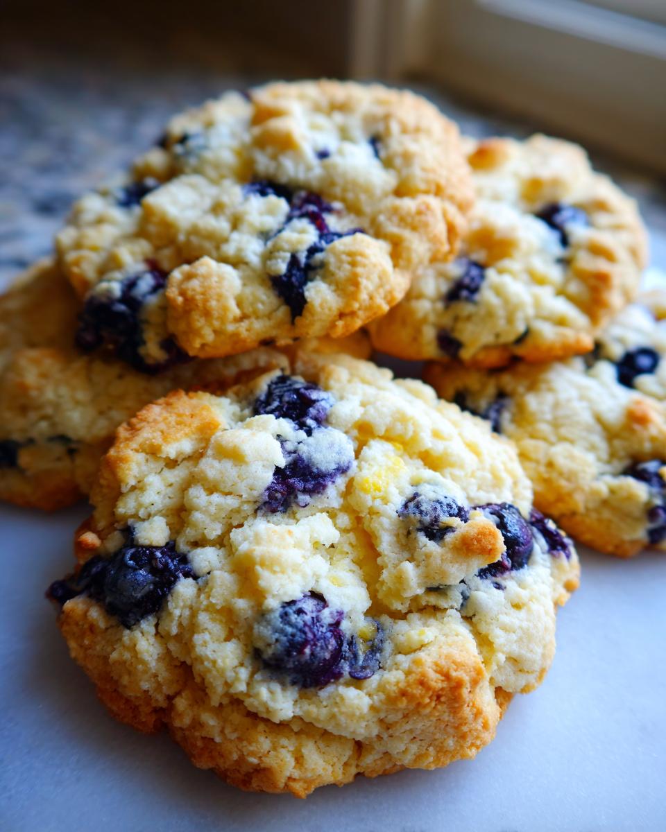 A close-up shot of several delicious lemon blueberry cookies, showcasing the plump blueberries and golden-brown texture.