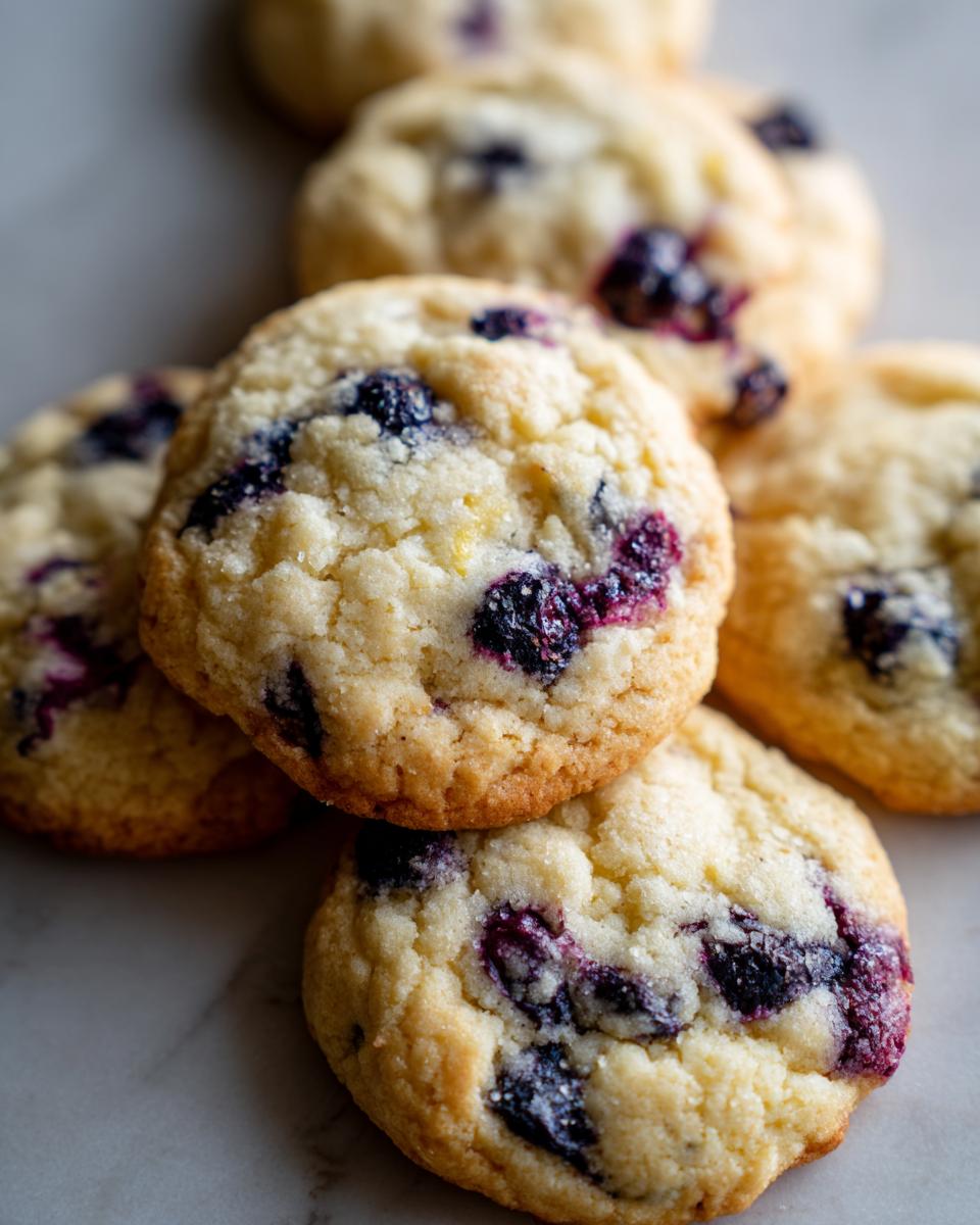 A stack of delicious lemon blueberry cookies with visible blueberries and zest.