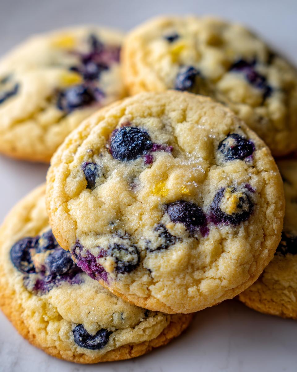 Close-up of freshly baked lemon blueberry cookies, showing plump blueberries and a sprinkle of sugar.