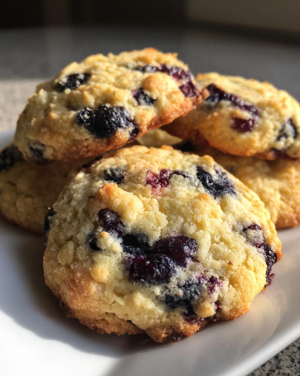 A close-up of a stack of golden-brown lemon blueberry cookies, showcasing plump blueberries within.