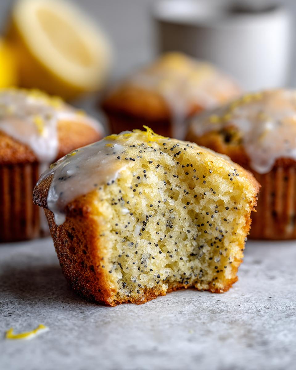 Close-up of a delicious lemon poppy seed muffin with a bite taken out, showing the moist crumb and poppy seeds.