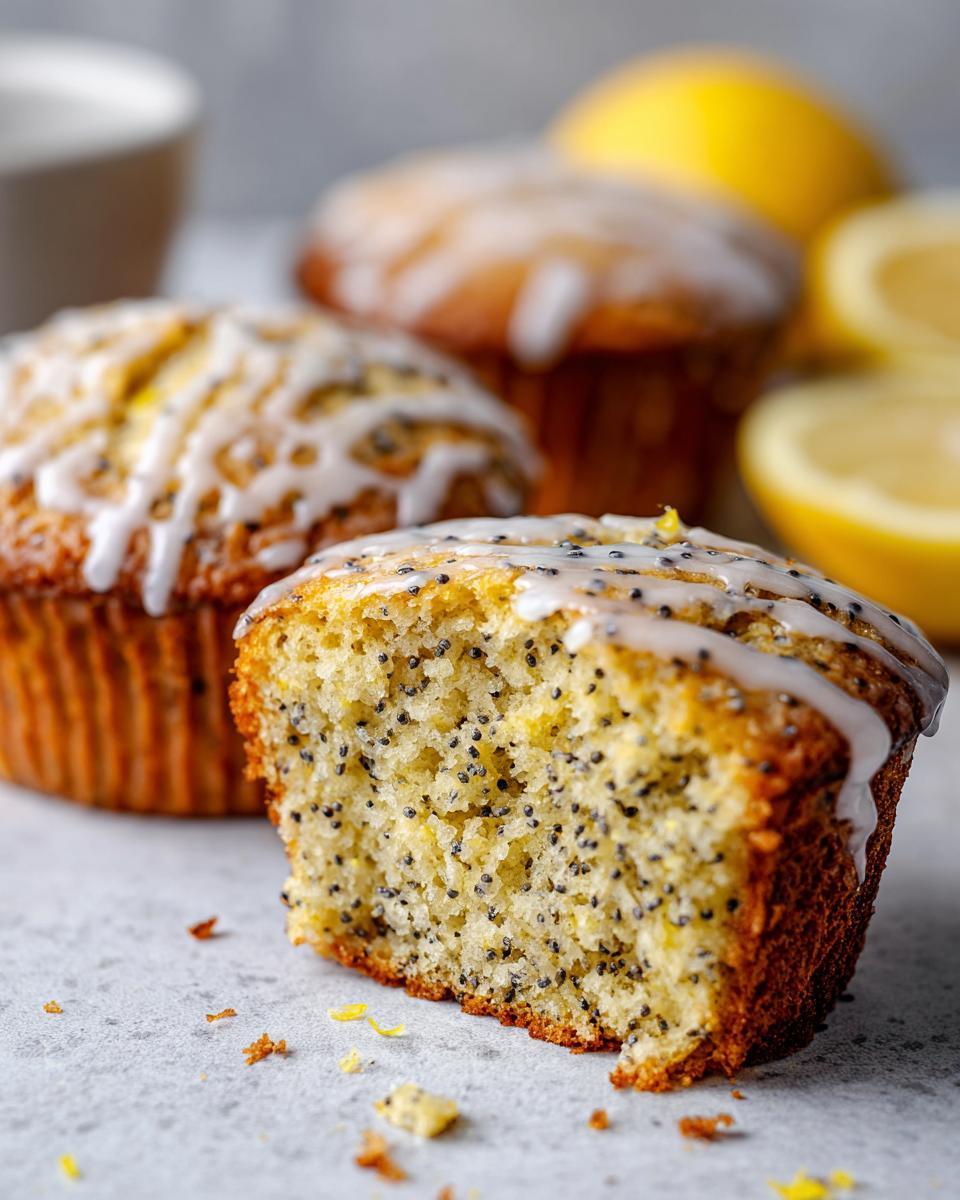 Close-up of a cut Lemon Poppy Seed Muffin showing the texture and poppy seeds, drizzled with glaze.