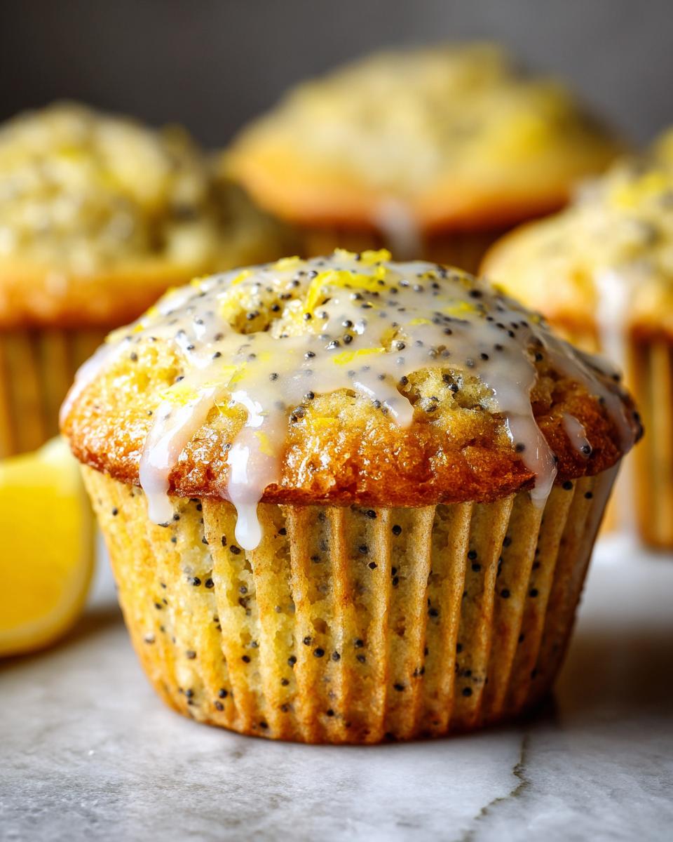 Close-up of a moist lemon poppy seed muffin topped with a sweet glaze and lemon zest.