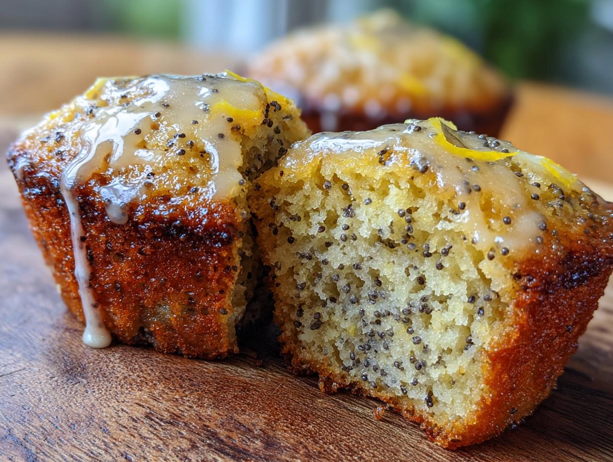 Close-up of a lemon poppy seed muffin, split in half, showing the moist interior and poppy seeds, topped with a lemon glaze.