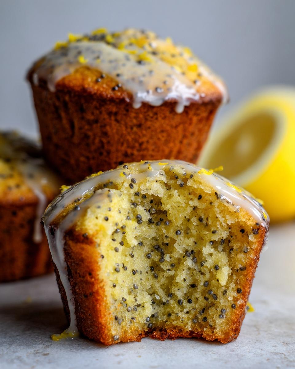 Close-up of a lemon poppy seed muffin, one is bitten into, showing the moist interior with poppy seeds and glaze.