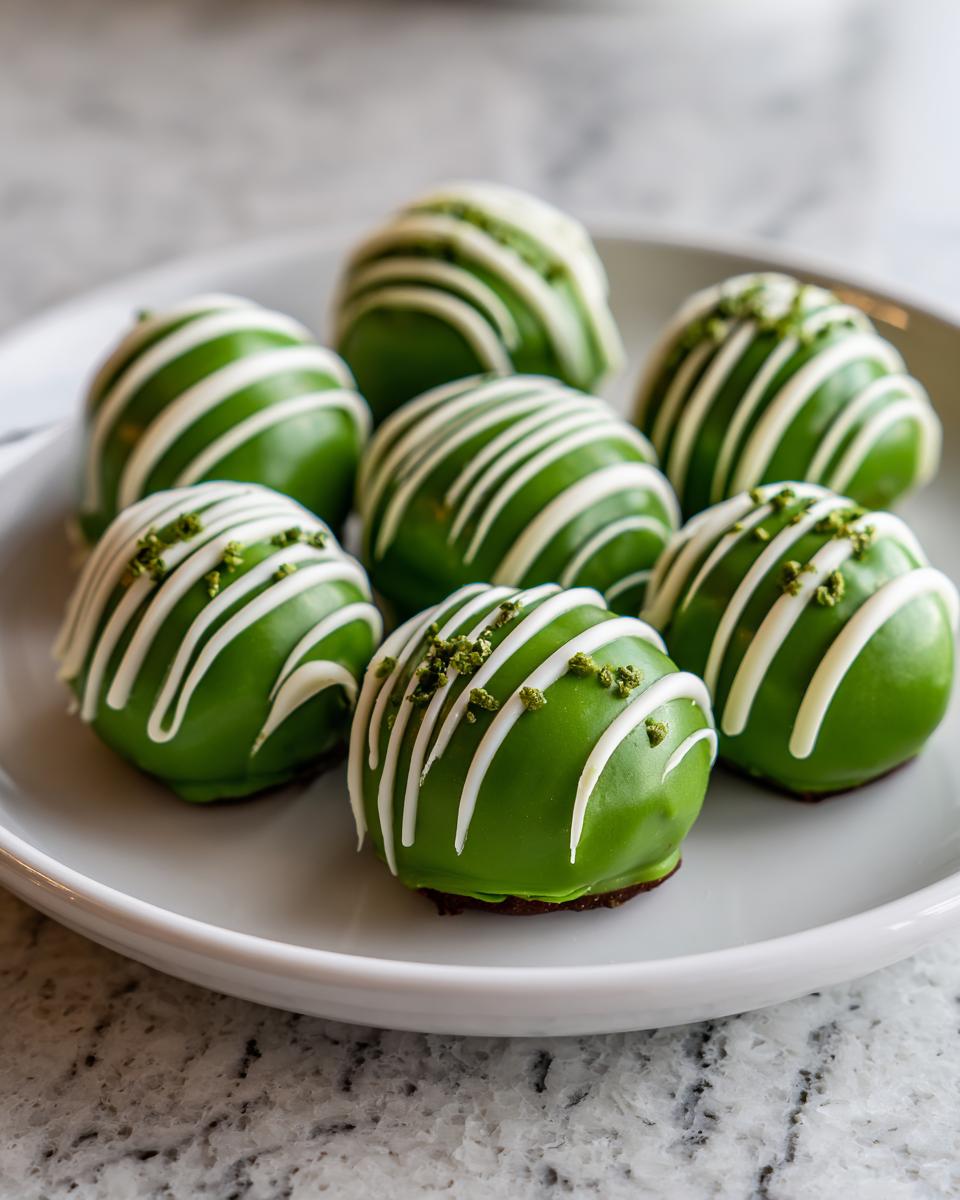 A plate of green Little Debbie cake balls drizzled with white chocolate and topped with green sprinkles.