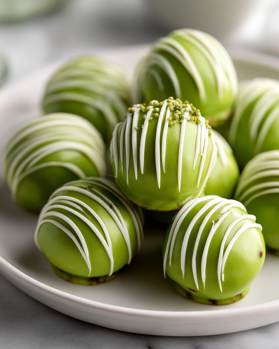 A close-up of several green Little Debbie cake balls, drizzled with white chocolate and topped with sprinkles.