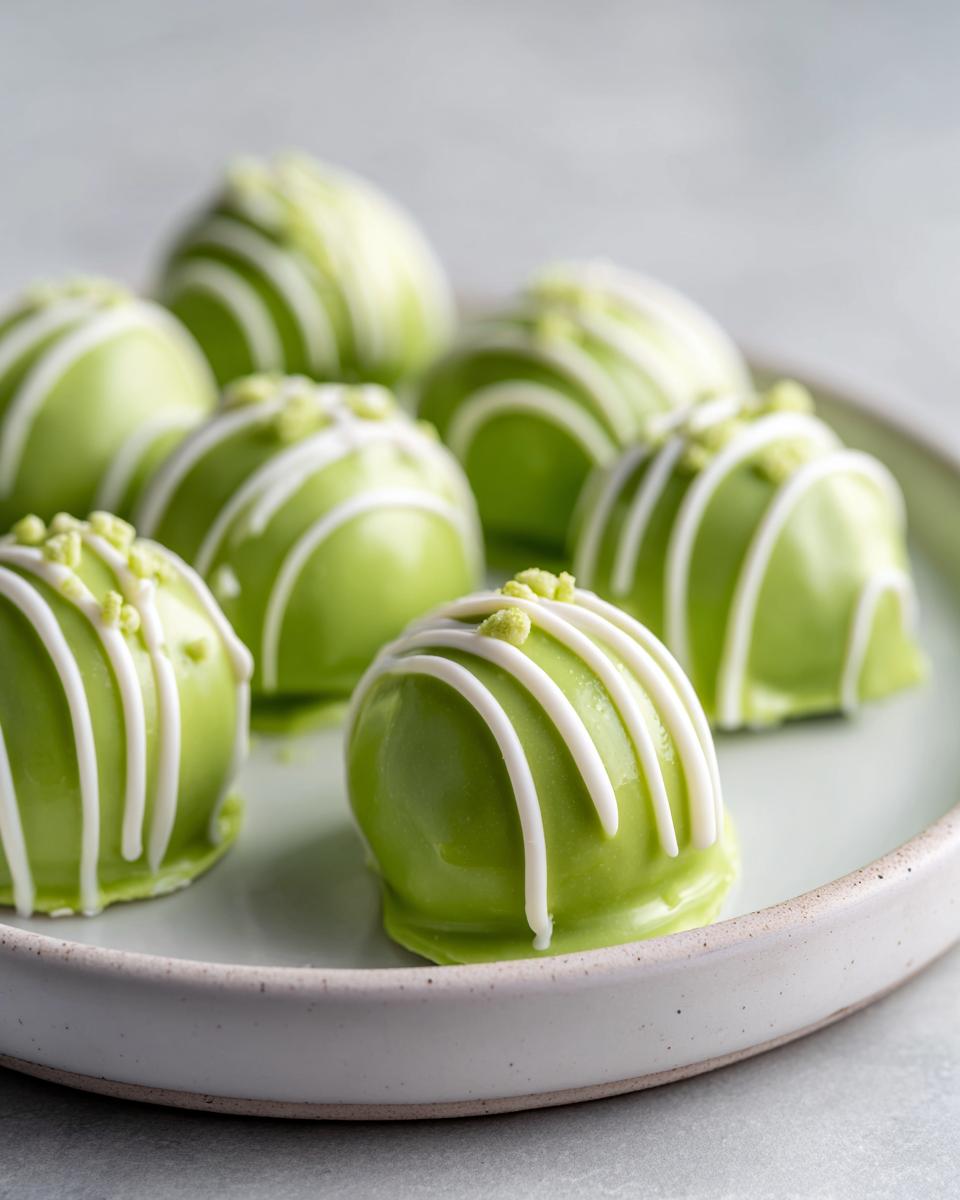 A plate of green Little Debbie cake balls drizzled with white chocolate and topped with green sprinkles.