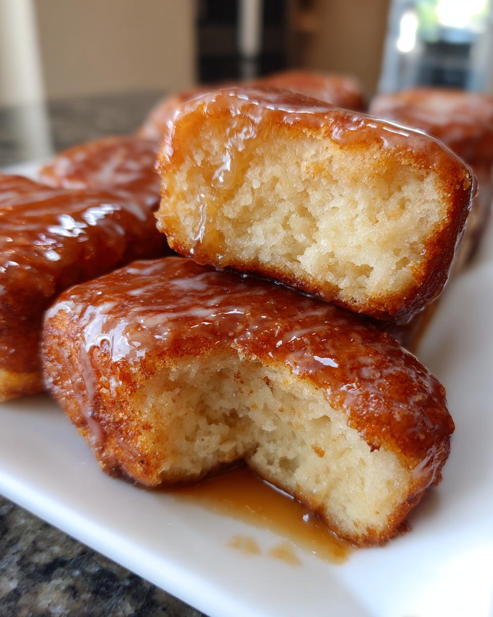A close-up shot of several maple donut bars, with one bar broken in half to show the fluffy interior and glistening maple glaze.