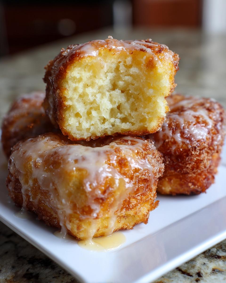 Close-up of stacked Maple Donut Bars, one with a bite taken out, drizzled with a sweet glaze.