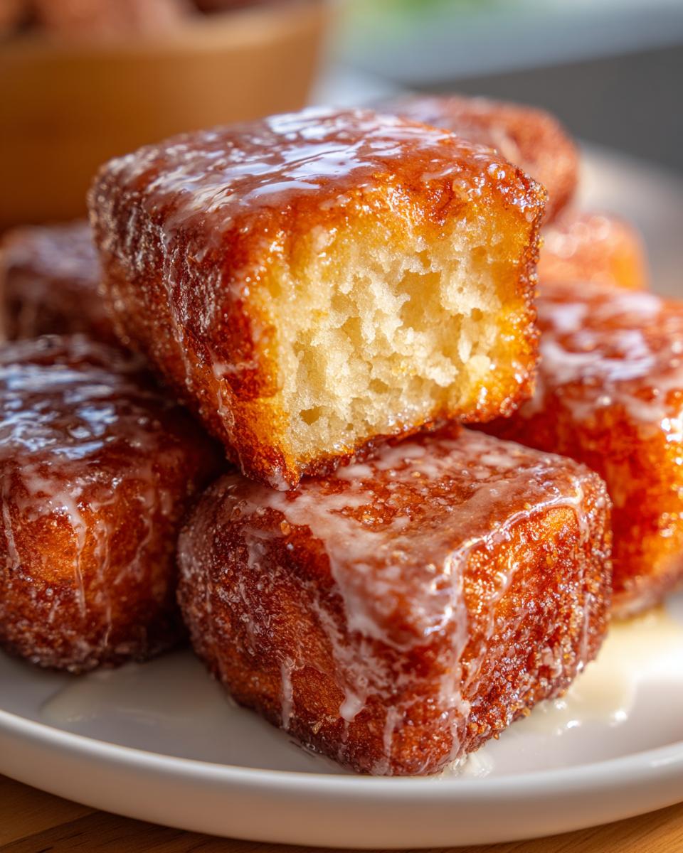 Close-up of a stack of glazed Maple Donut Bars, one with a bite taken out, showing a soft interior.