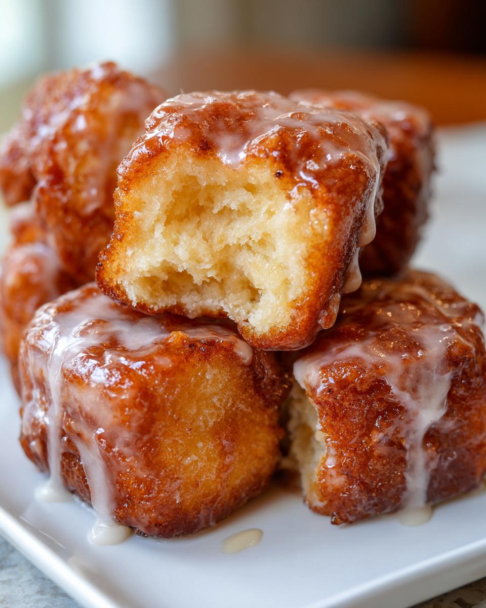 Close-up of a stack of glazed Maple Donut Bars, with one bar showing a bite taken out.