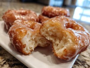Close-up of a broken maple donut bar, showing the fluffy interior and glossy glaze.