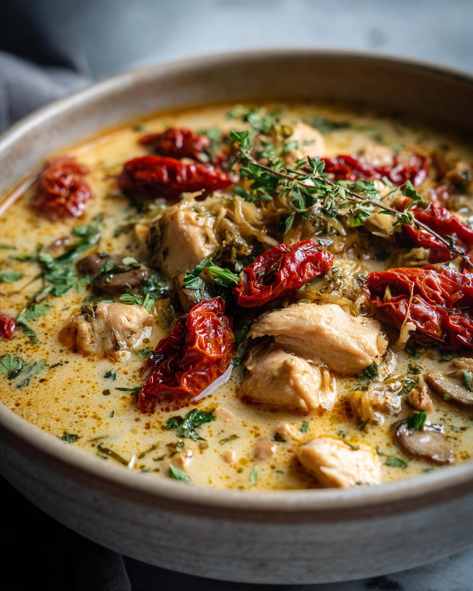 A close-up of a bowl of creamy marry me chicken soup, featuring tender chicken pieces, sun-dried tomatoes, mushrooms, and fresh herbs.
