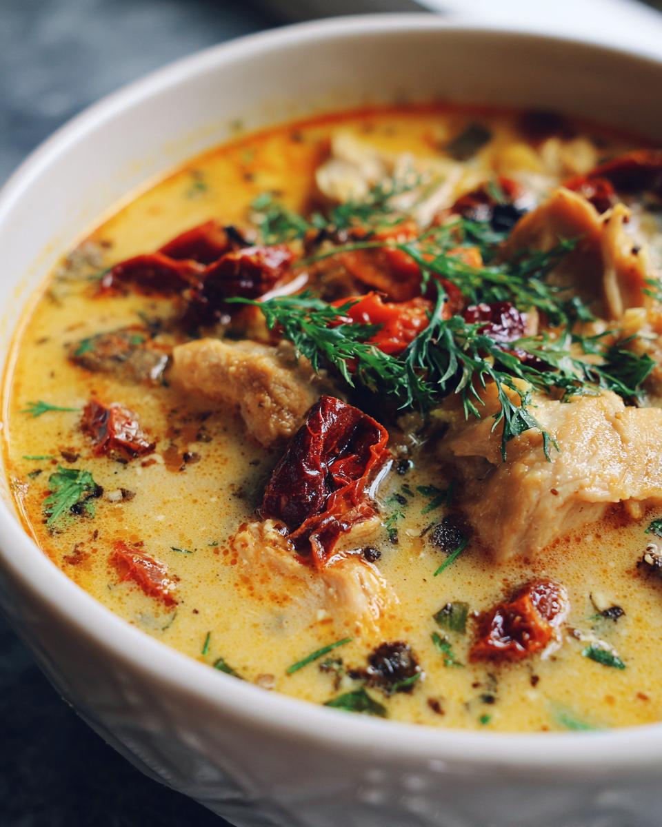 A close-up bowl of creamy Marry Me Chicken Soup, featuring tender chicken pieces, sun-dried tomatoes, and fresh herbs.