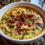 A close-up of a bowl of creamy Marry Me Chicken Soup, topped with shredded chicken, sun-dried tomatoes, and fresh parsley.