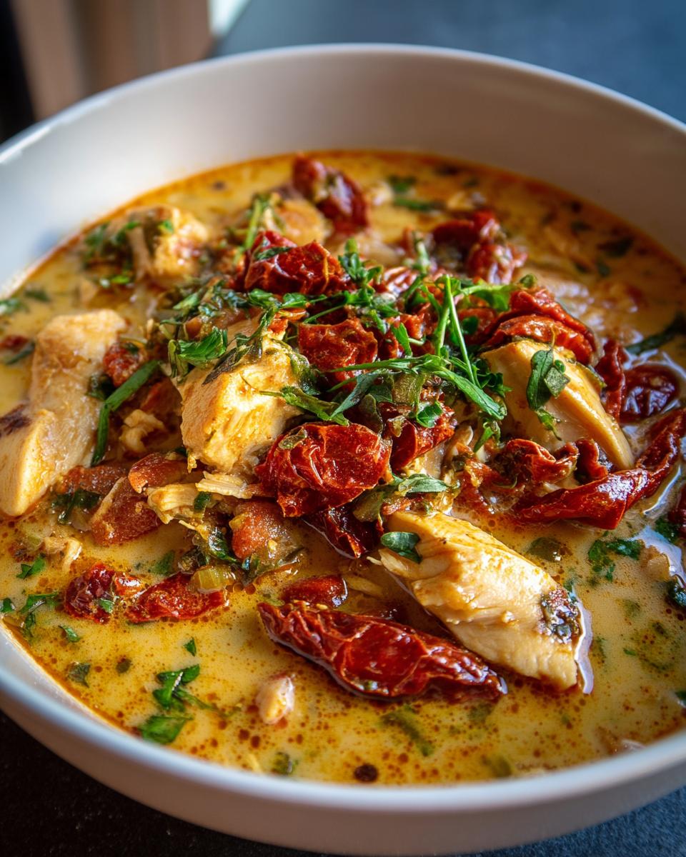 A close-up bowl of creamy Marry Me Chicken Soup, featuring tender chicken pieces and vibrant sun-dried tomatoes, garnished with fresh herbs.