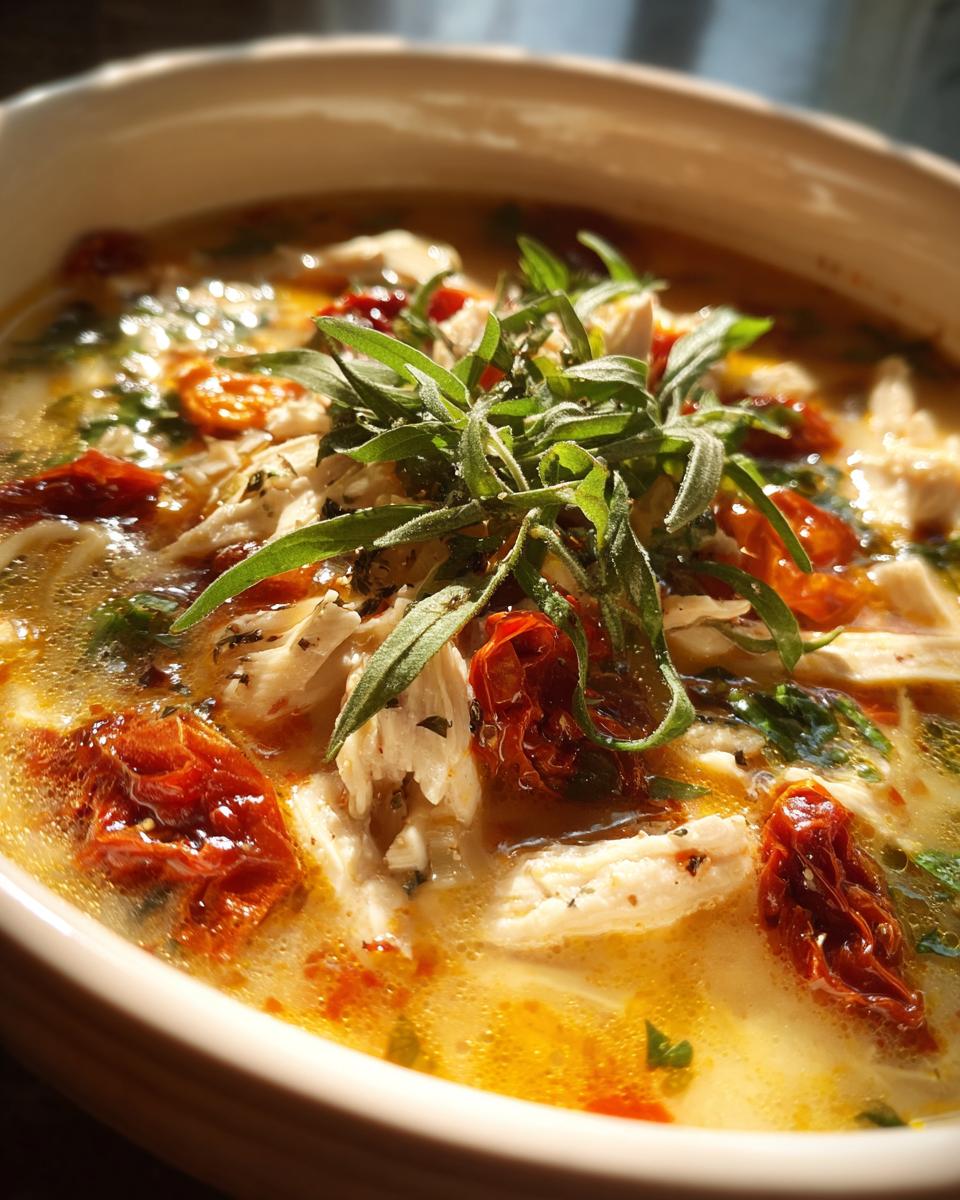 Close-up of a bowl of creamy Marry Me Chicken Soup, featuring shredded chicken, sun-dried tomatoes, and fresh herbs.