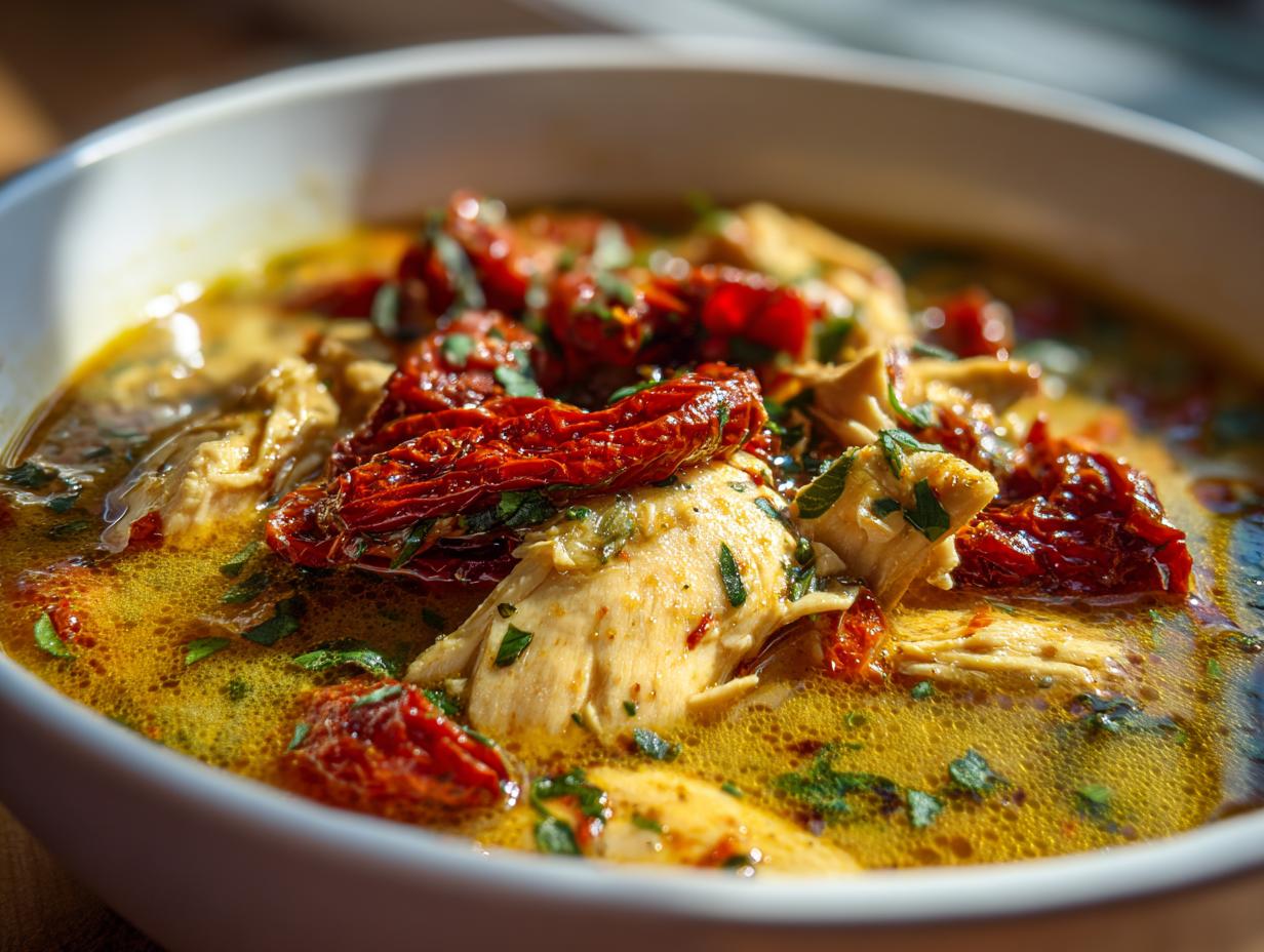 Close-up of a bowl of creamy marry me chicken soup, featuring tender chicken pieces and vibrant sun-dried tomatoes.