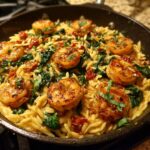 A close-up of a skillet filled with creamy marry me shrimp and orzo, featuring plump shrimp, spinach, and sun-dried tomatoes.
