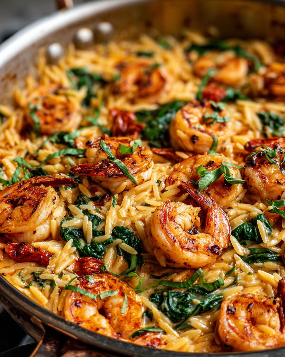 Close-up of Marry Me Shrimp and Orzo in a skillet, featuring plump shrimp and creamy orzo pasta with spinach.