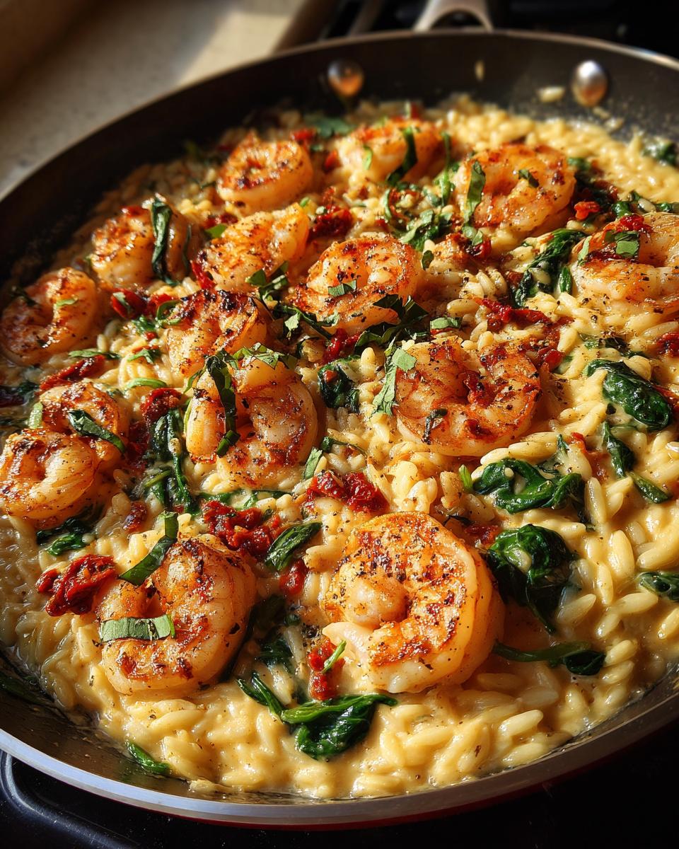 A close-up of a skillet filled with creamy marry me shrimp and orzo, topped with fresh herbs and sun-dried tomatoes.