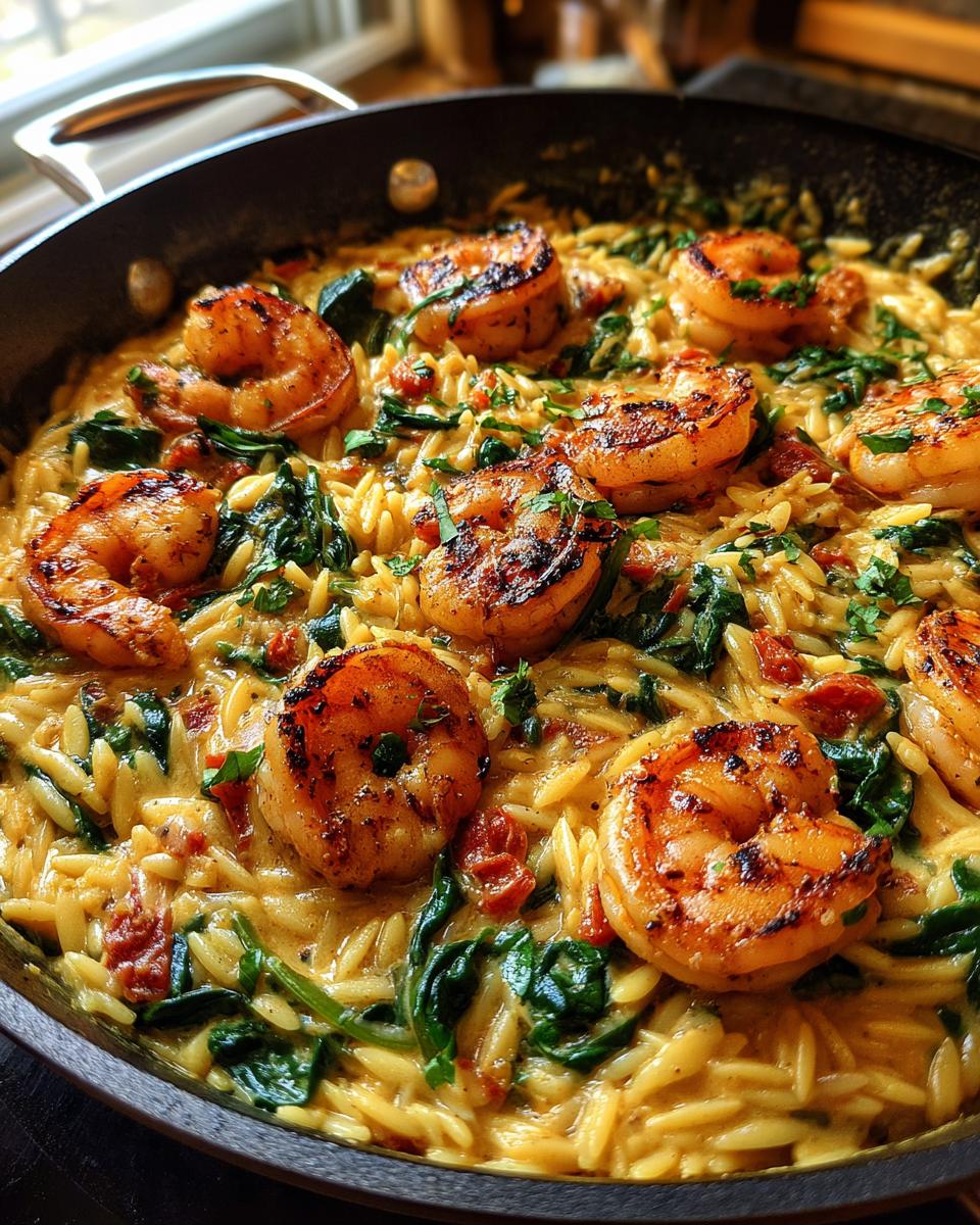 Close-up of a skillet filled with creamy marry me shrimp and orzo, featuring grilled shrimp and spinach.