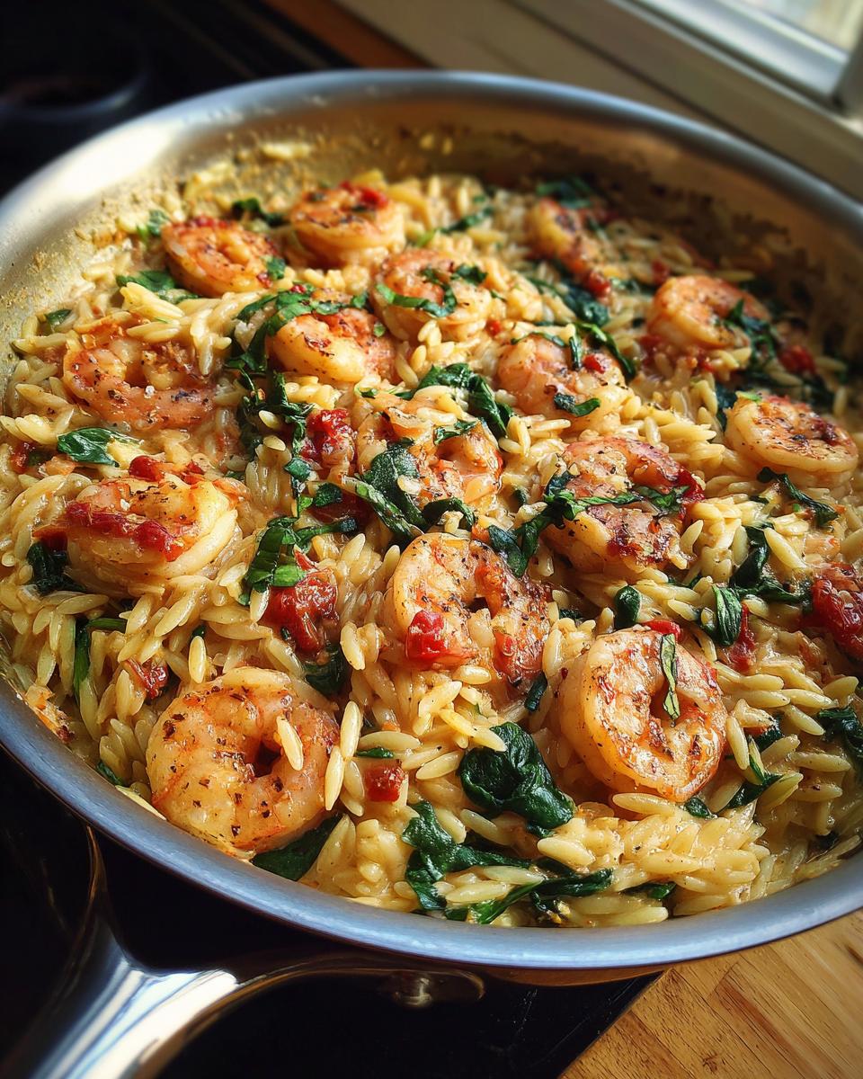 Close-up of a skillet filled with creamy marry me shrimp and orzo, with spinach and sun-dried tomatoes.