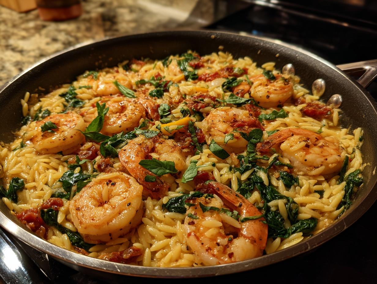A close-up of a skillet filled with creamy marry me shrimp and orzo, garnished with fresh herbs and sun-dried tomatoes.